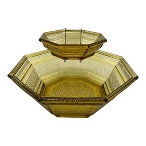 Vintage Anchor Hocking Amber Pebbled Glass Octagon Shape MCM Chip & Dip Bowl Set